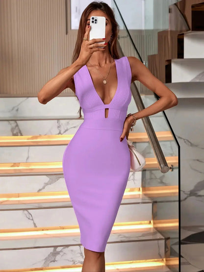 Deep V Neckline Sleeveless Lavender Bodycon Bandage Dress