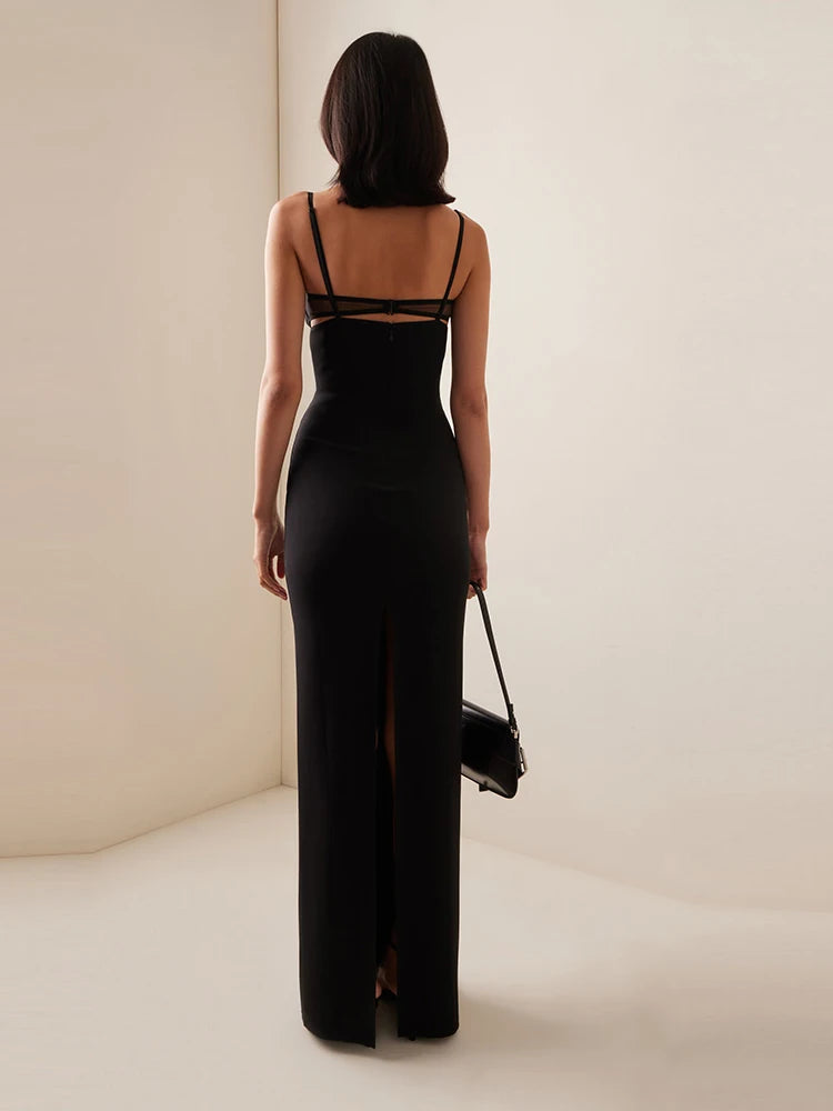 Spaghetti Strap Mesh Details Cut-Out Black Dress