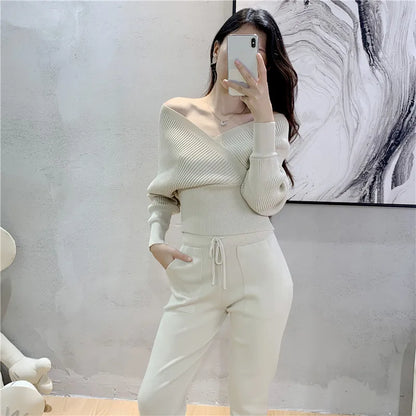 Two Piece Knitted V Neckline Cropped Top and Trousers Set