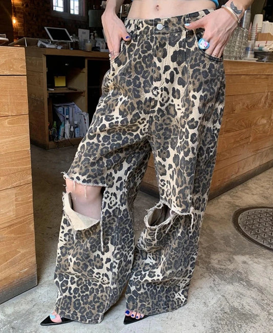 High Waist Wide Leg Leopard Ripped Jeans