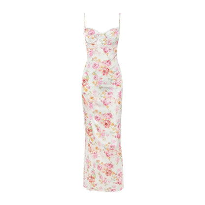 Spaghetti Straps Floral Print Sweetheart Neckline Maxi Bodycon Dress