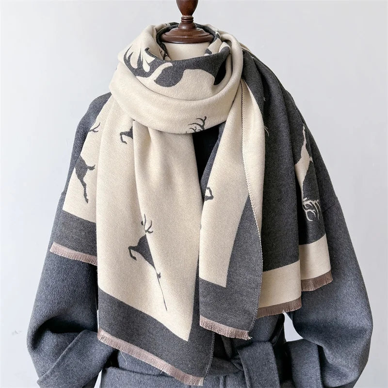 Luxury Cashmere Scarf - Deers Print Double-Sided Pashmina