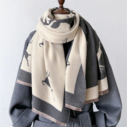 Luxury Cashmere Scarf - Deers Print Double-Sided Pashmina