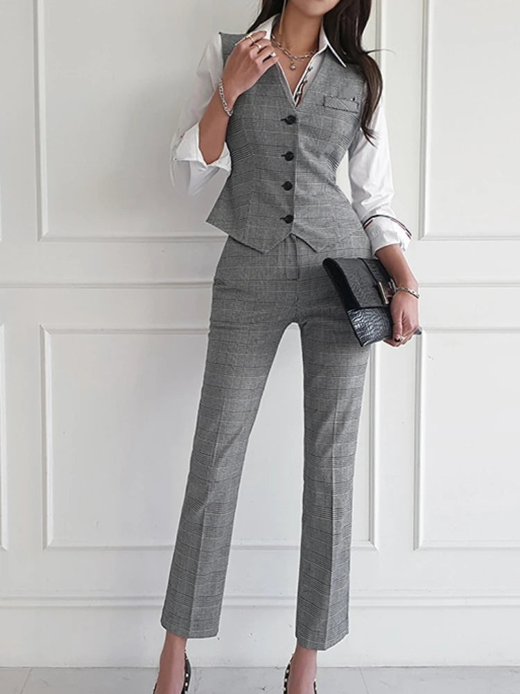 Women 3 Pieces Plaid Gray Formal Suit