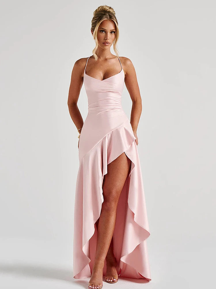 Backless Spaghetti Straps Asymmetrical Length Dress - Bridemaids Dress
