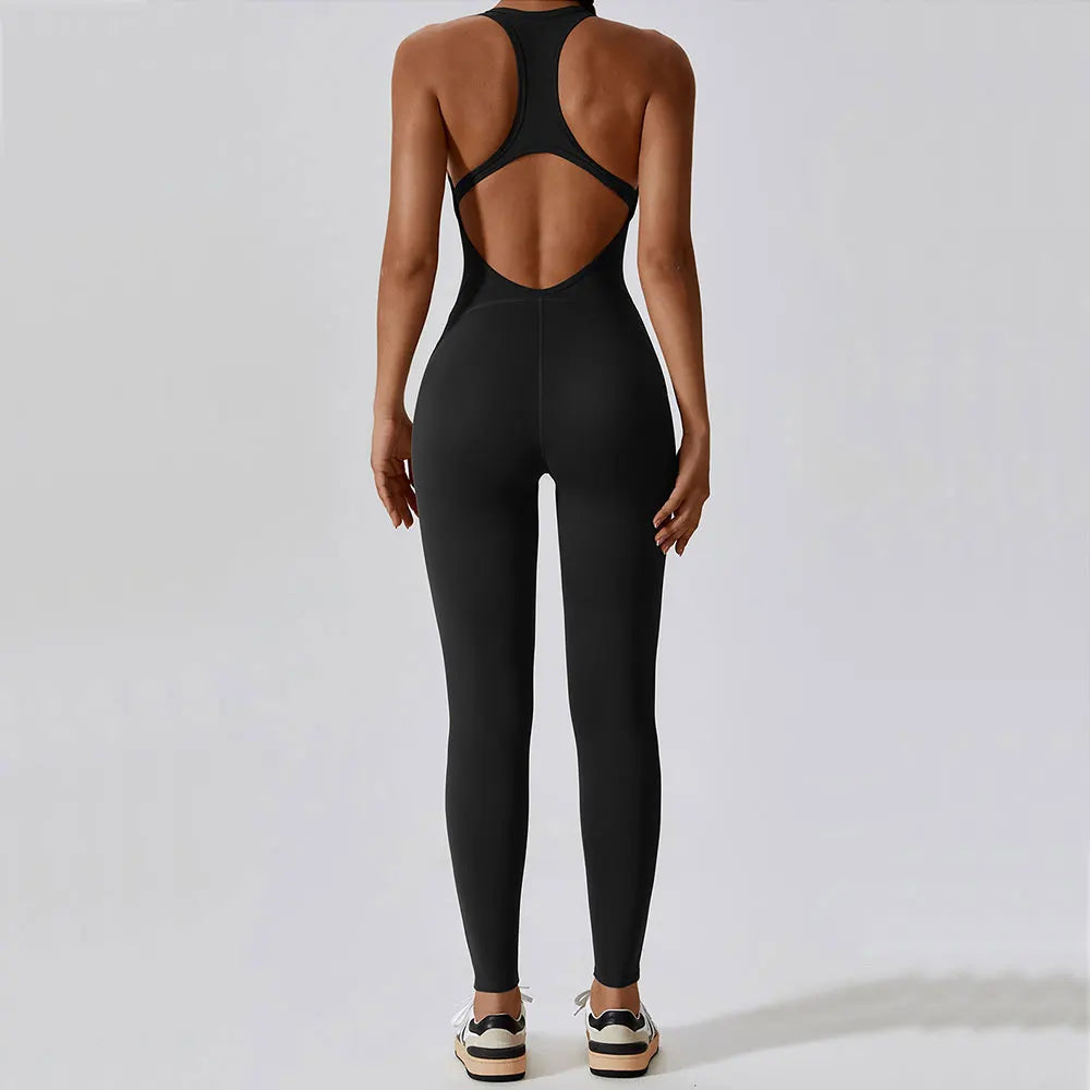 U Neckline Sleeveless Back Cut Out Skinny Workout Jumpsuit