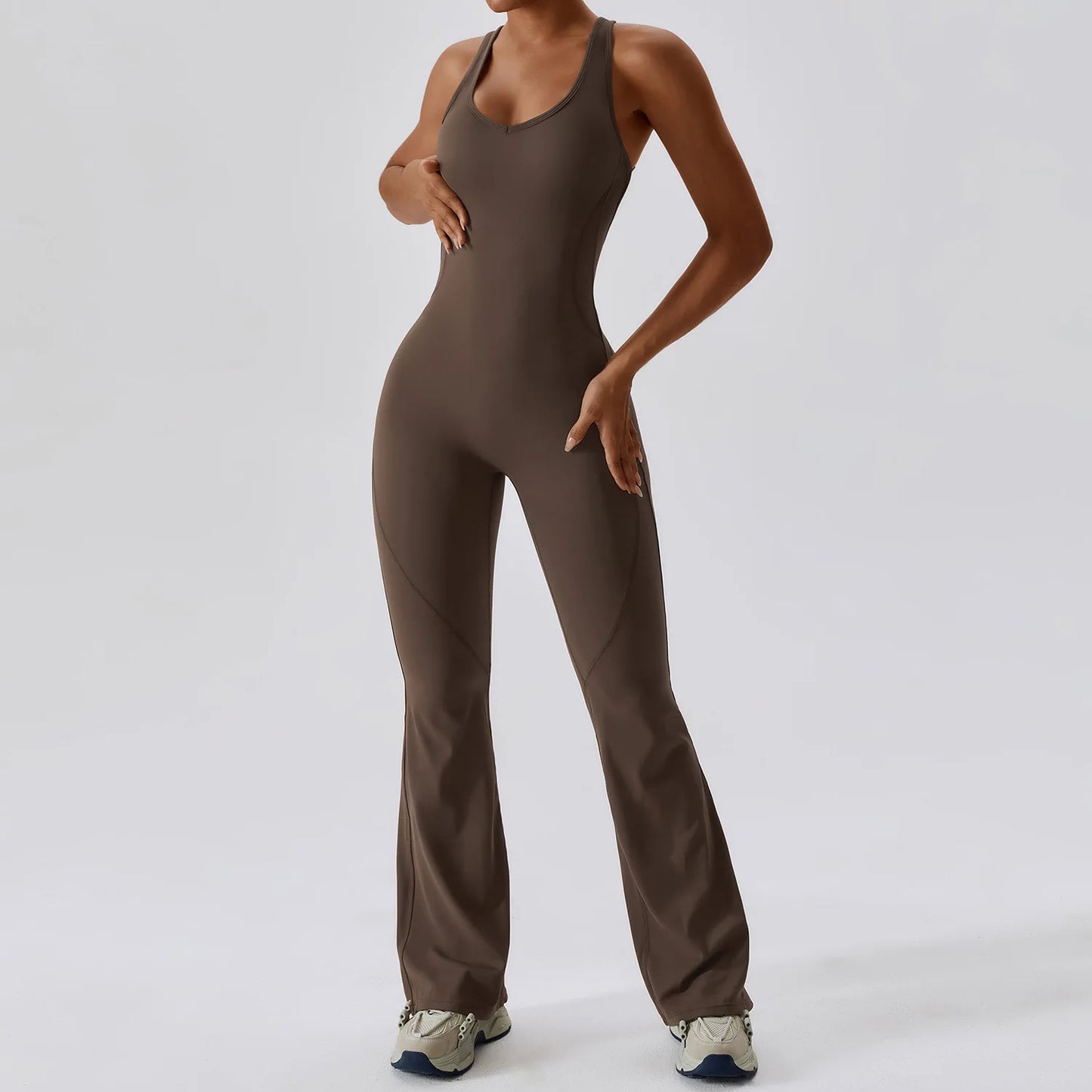 U Neckline V Back Cut Out Flare Workout Jumpsuit