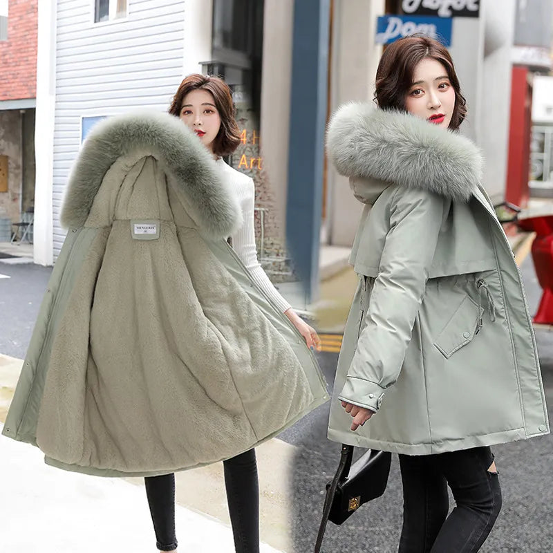 Long Hooded Fur Collar Double Breast Coat