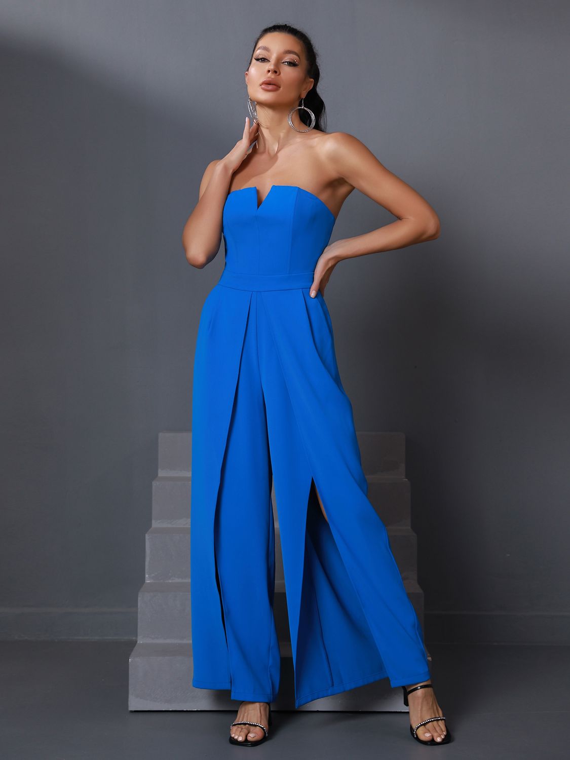 Strapless Split Wide Leg Royal Blue  Jumpsuit