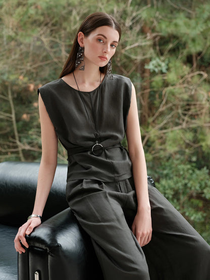 Linen Two-Piece Pants Suit – Sleeveless Top & Wide-Leg Trousers