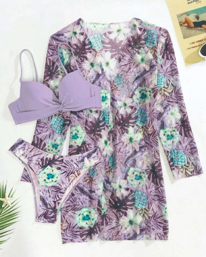 Floral 3 Pieces Low Waist Bikini Set with a Matching Cover-up Kimono