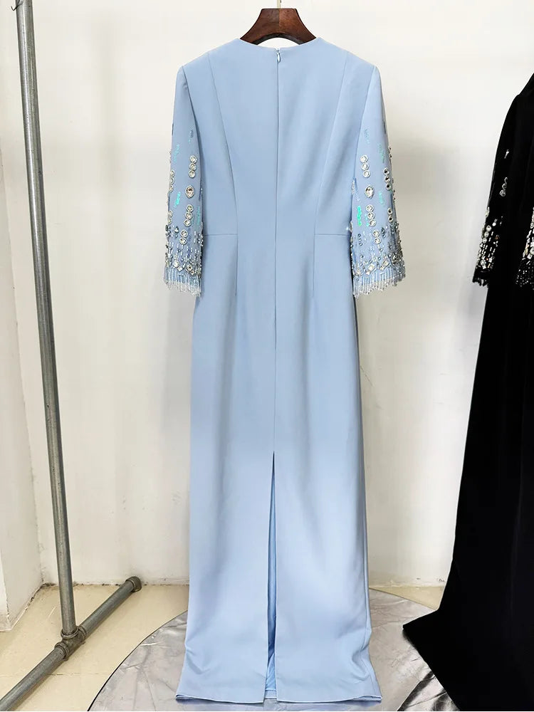 Beaded Haute Couture Floor-Length Dress – 3/4 Sleeves, Formal Elegance