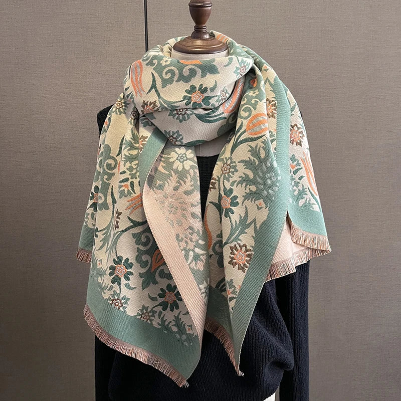 Double-Sided Tulip Flower Print Cashmere Pashmina Scarf