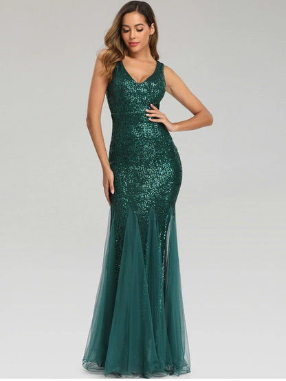 Sleeveless V Neckline Sequin Evening Dress