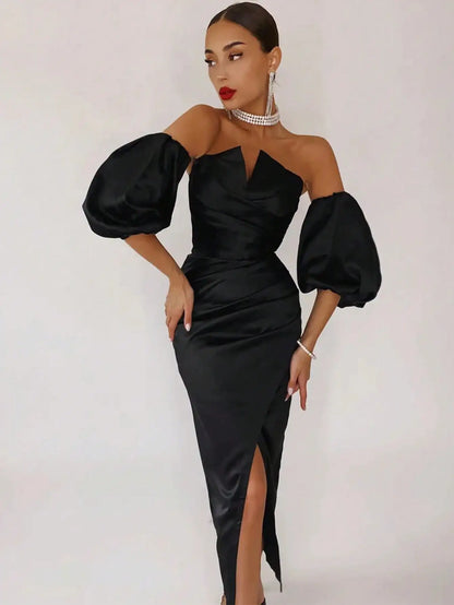 Strapless Black-tie Sheath Dress with Removable Puff Sleeves