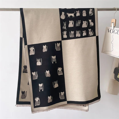 Double-Sided Cashmere Cat Print Scarf Pashmina - Cat Lovers Gift