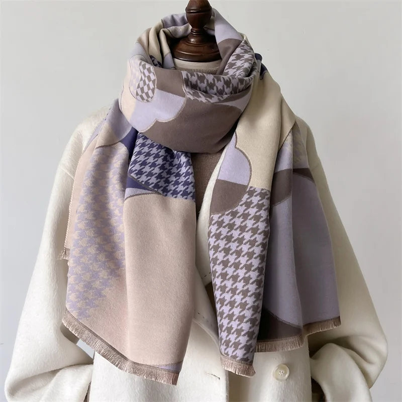 Luxury Houndstooth Clover Print Cashmere Pashmina Scarf