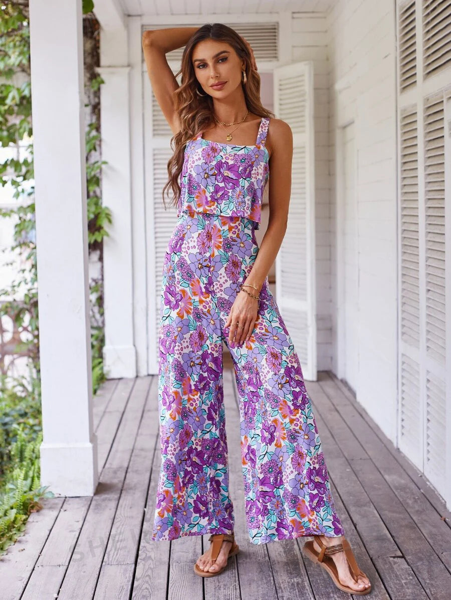 Floral Square Neckline Casual Wide Leg Jumpsuit