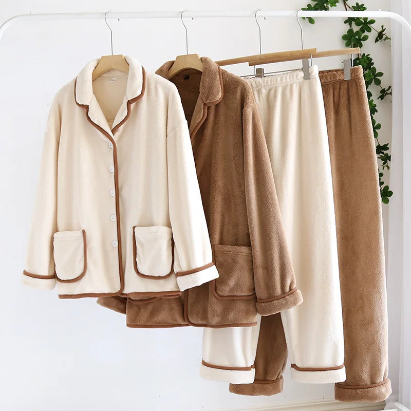 Fall - Winter Women's Flannel Beige Pajama Set