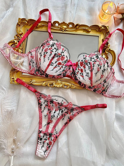 Lace Flowers Embroidery Lingerie Set - Lace Bra & Brief Underwear Set