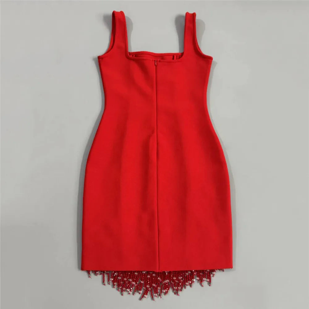 Beaded Tassel Square-Neck Mini Bandage Dress