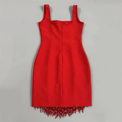 Beaded Tassel Square-Neck Mini Bandage Dress