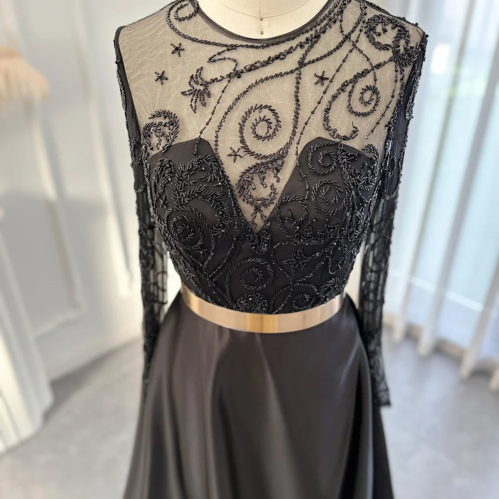 Black Tie Satin Long Sleeves Lace Details Black Evening Dress