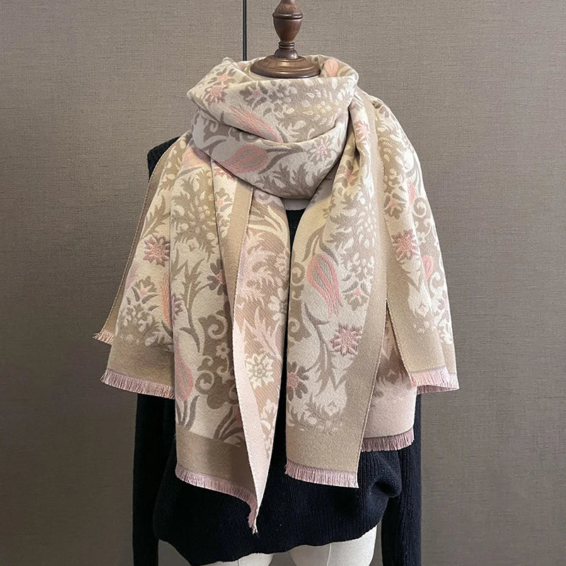 Double-Sided Tulip Flower Print Cashmere Pashmina Scarf