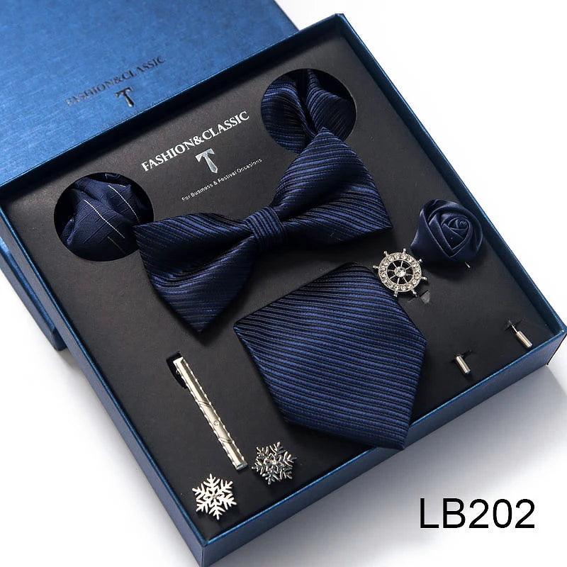 Luxury Bowtie 8 Pcs Tie Set Necktie, Bowtie, 2 Brooches, 2 Cufflinks, and 2 Pocket square