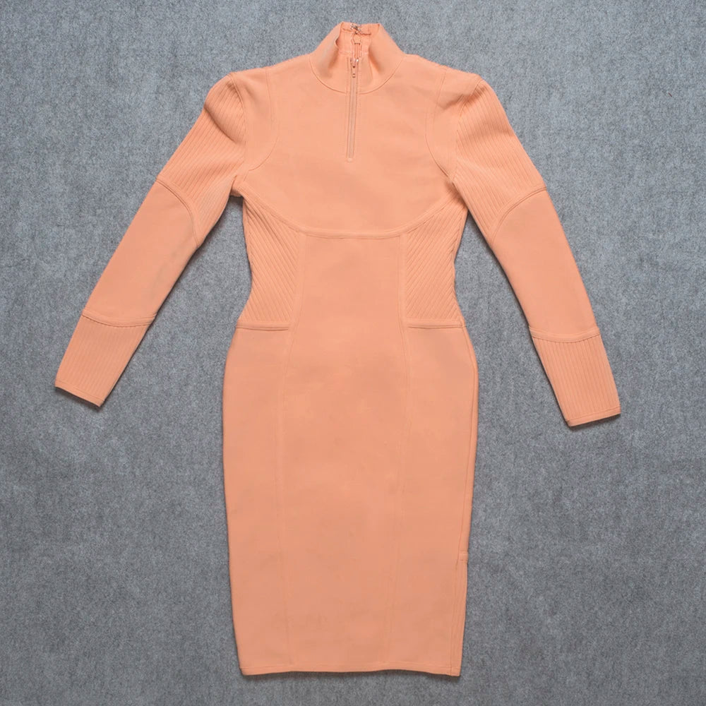 Light Coral Long Sleeve Midi Bandage Pencil Dress