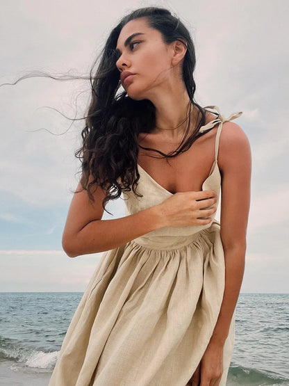 100% Cotton Backless V Neckline Beach Dress