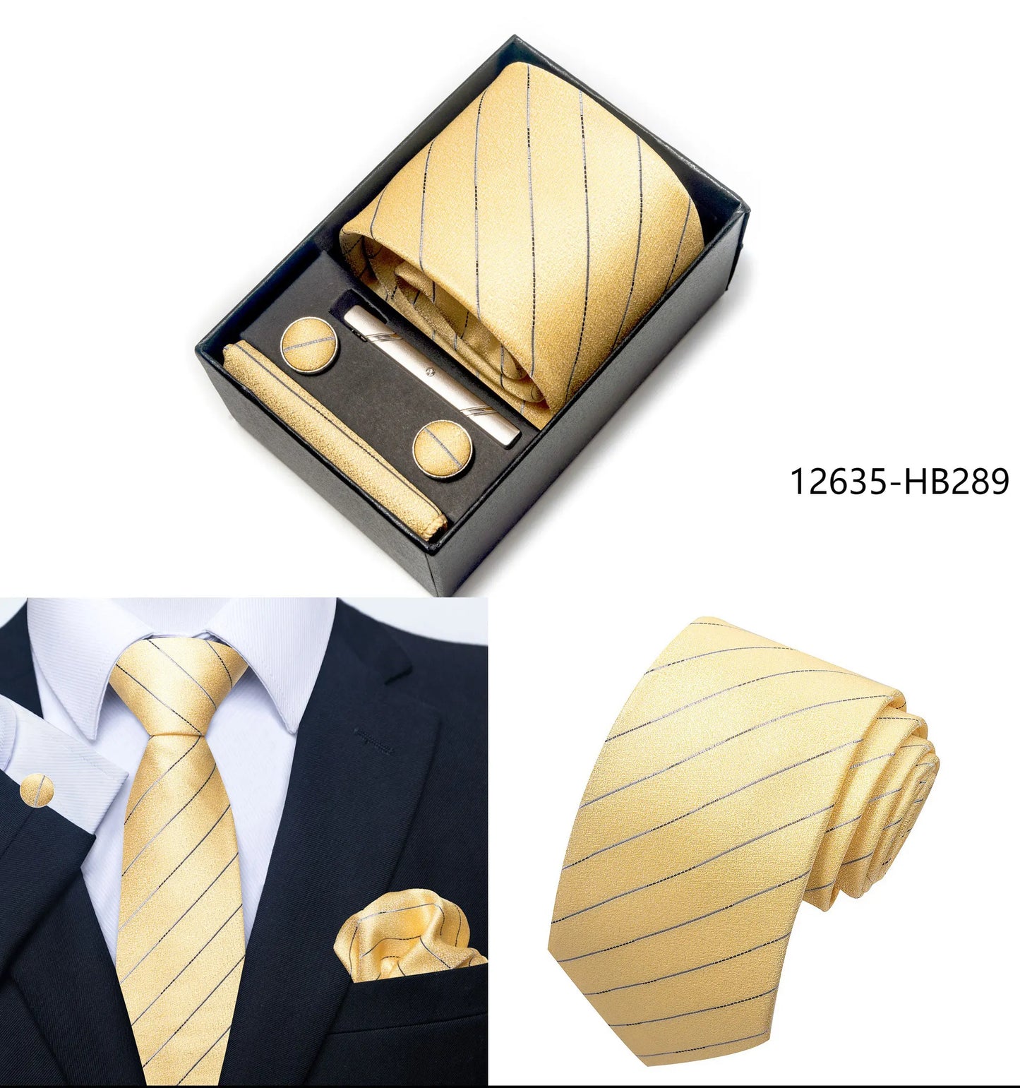 Solid Color 5 Pcs Tie Set Handkerchief, Cufflinks, Tie and Clip