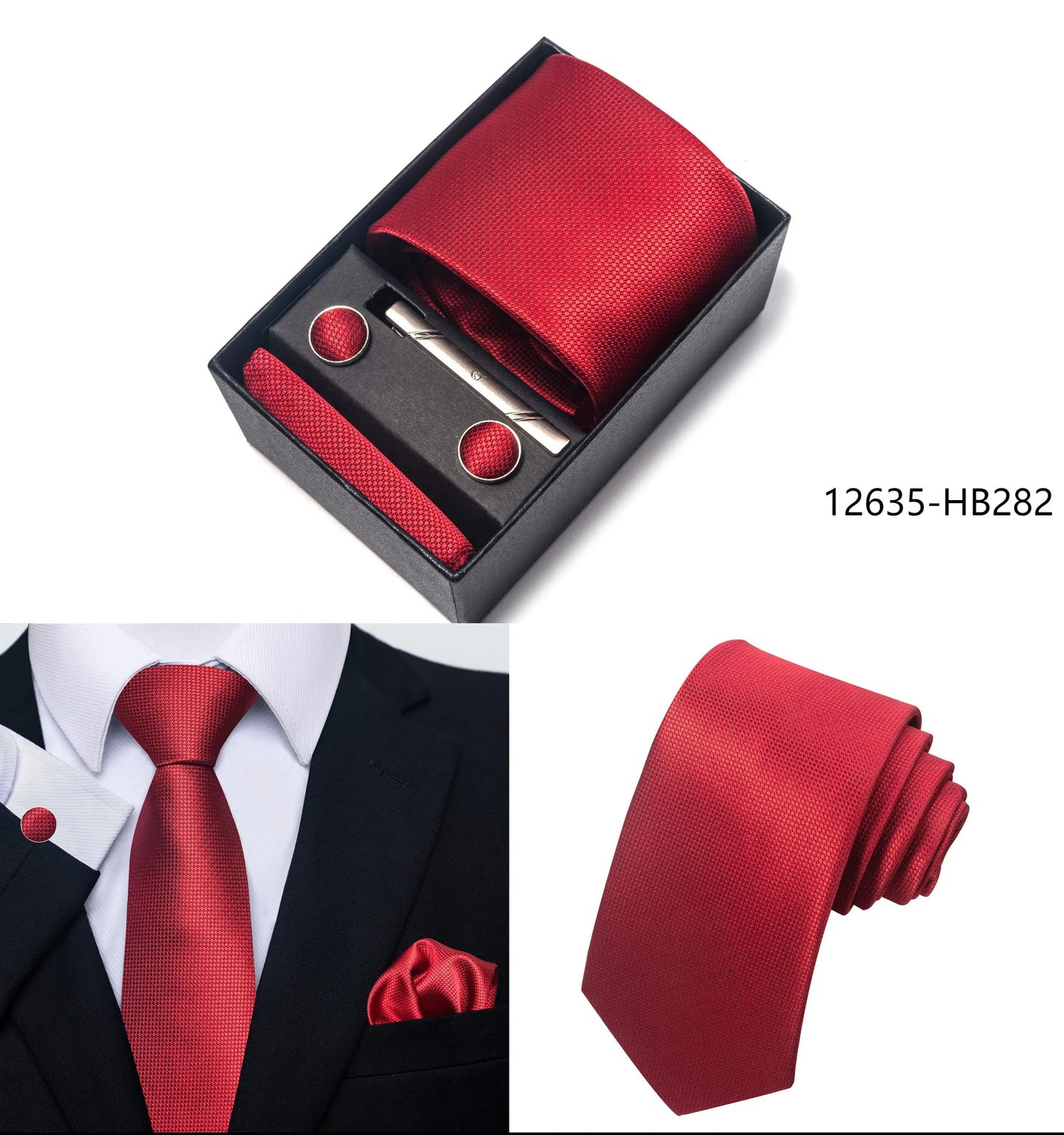 Solid Color 5 Pcs Tie Set Handkerchief, Cufflinks, Tie and Clip