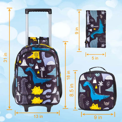 3 Pcs Kids Rolling Backpack with Lunch Bag and Pencils Case Set