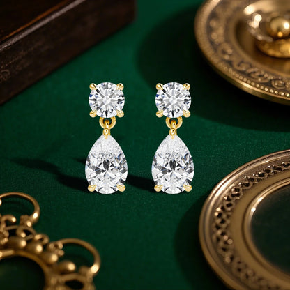 18K Gold Plated Two-Stone Moissanite Earrings Round & Pear Cut