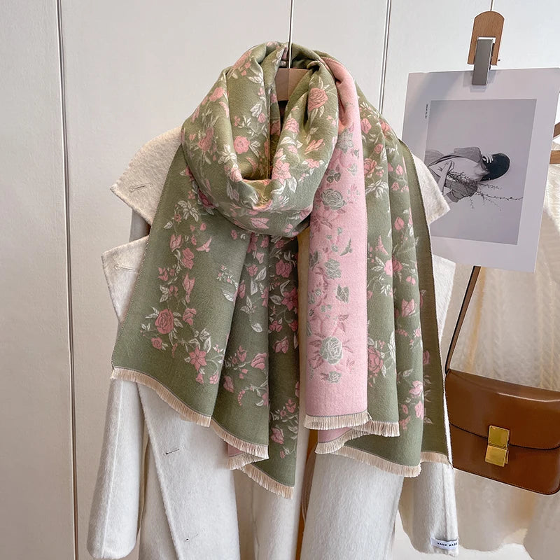 Winter Double-sided Cashmere Rose Flower Design Scarf