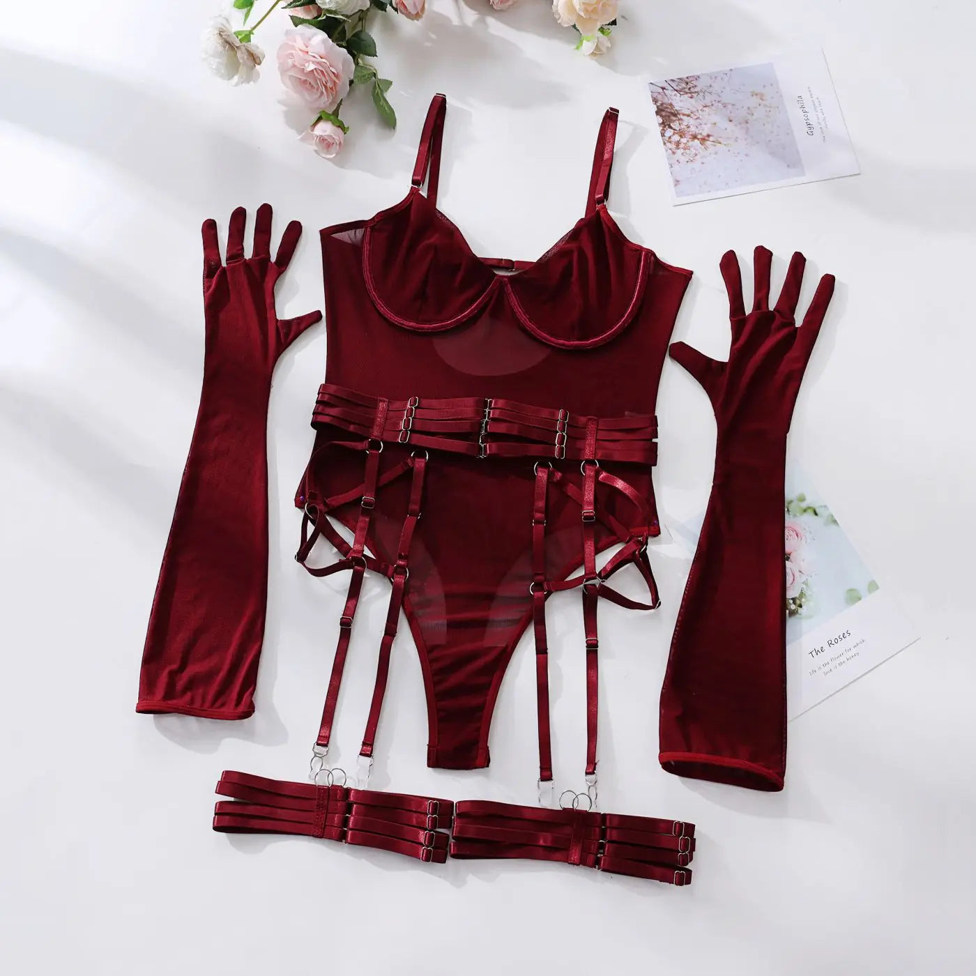 6-Piece Lace Bodysuit Lingerie Set with Gloves, Leg and Waist Straps