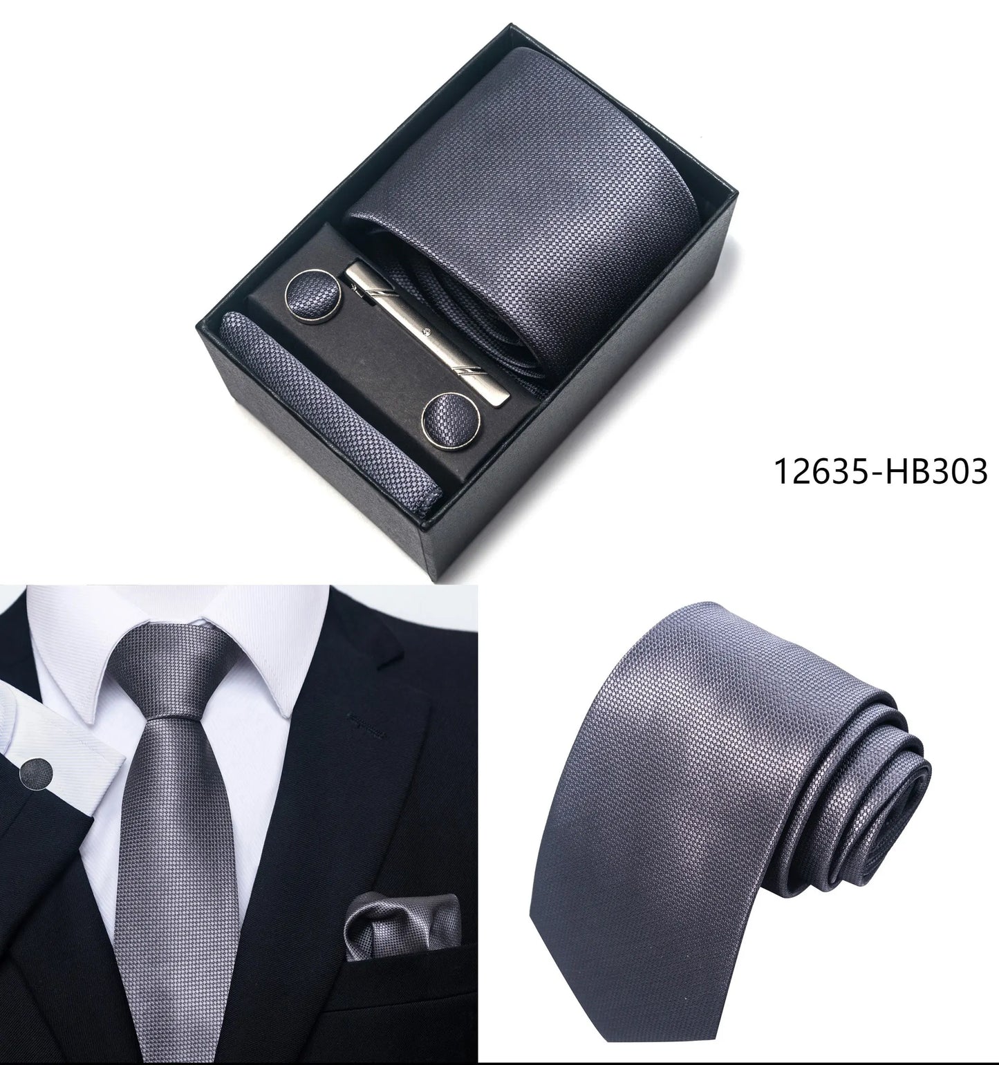 Solid Color 5 Pcs Tie Set Handkerchief, Cufflinks, Tie and Clip