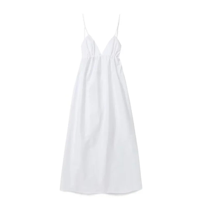 Backless V Neckline Maxi White Dress