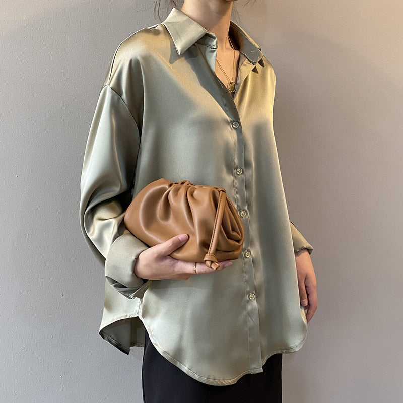 Loose Fit Metallic Colors Button Up Silk Shirt Blouse