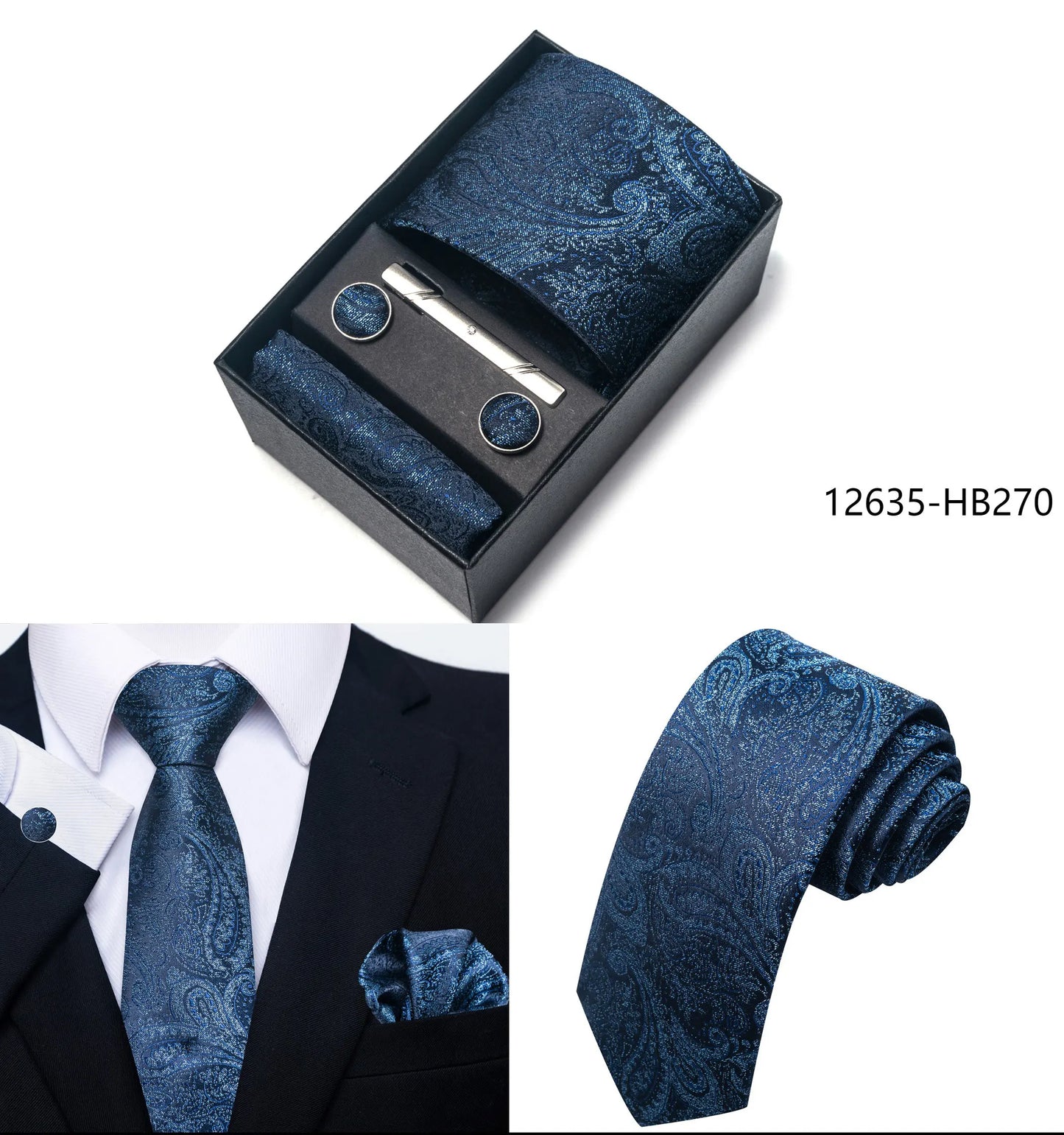 Solid Color 5 Pcs Tie Set Handkerchief, Cufflinks, Tie and Clip