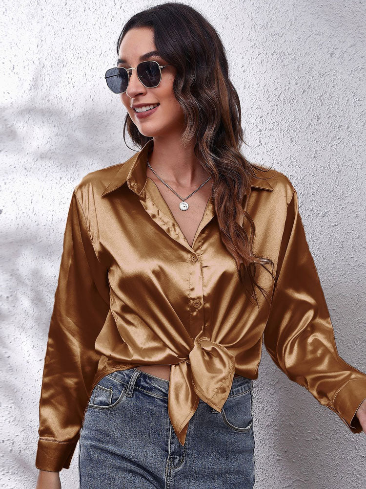 Loose Fit Satin Long Sleeve Button Up Blouse Shirt