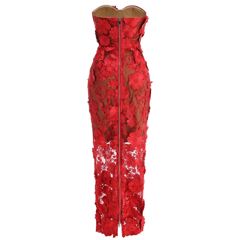 Strapless Embroidered Floral Long Dress