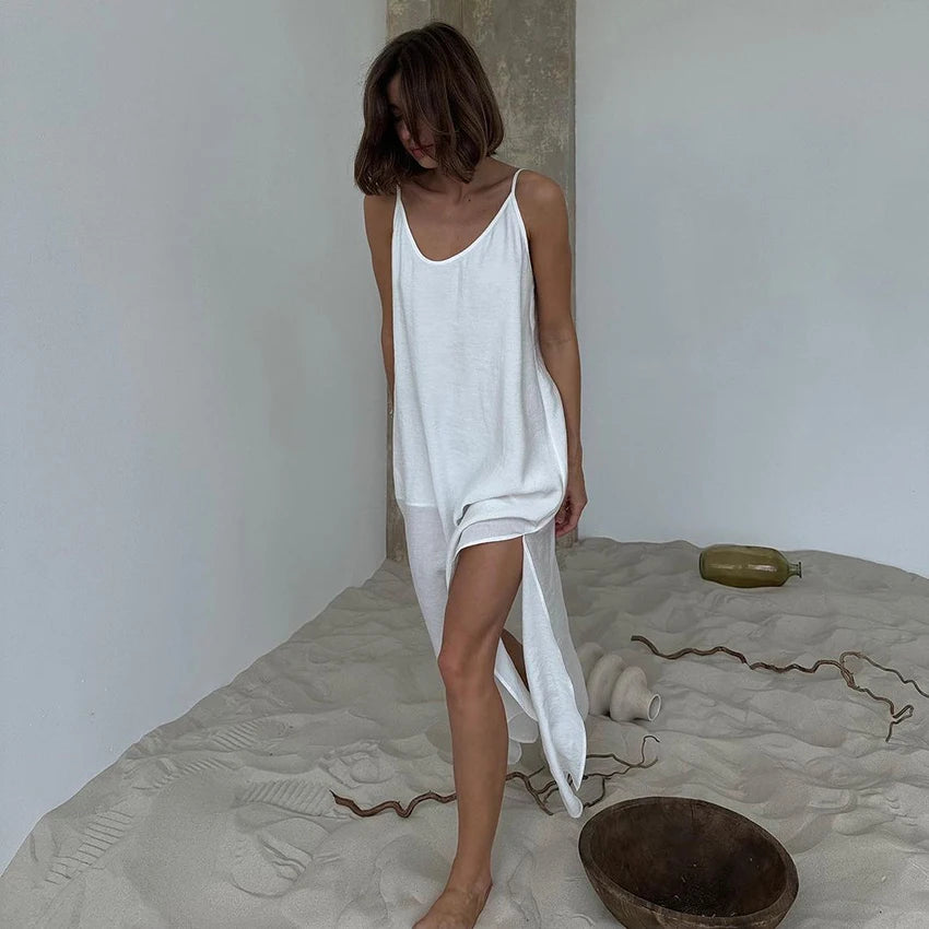 Lined Casual Long Back Deep V Dress