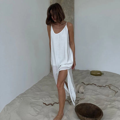 Lined Casual Long Back Deep V Dress