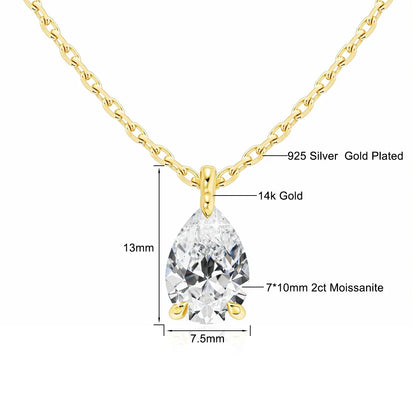 14K Gold Pendant 2CT Pear Cut Moissanite Necklace
