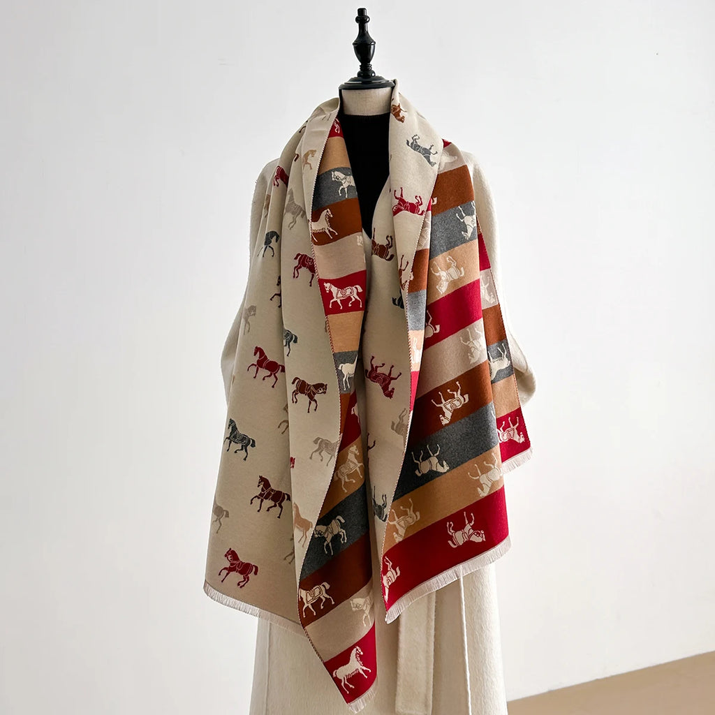 Horse Print Winter Scarf Cashmere Feel Pashmina