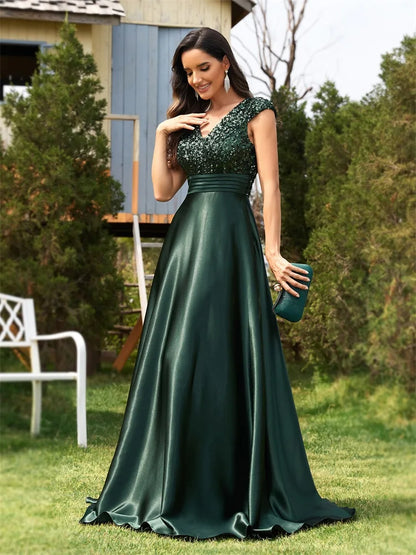 Cap Sleeves V-Neckline Satin Sequin Bridesmaid Dress – Emerald A-Line Gown