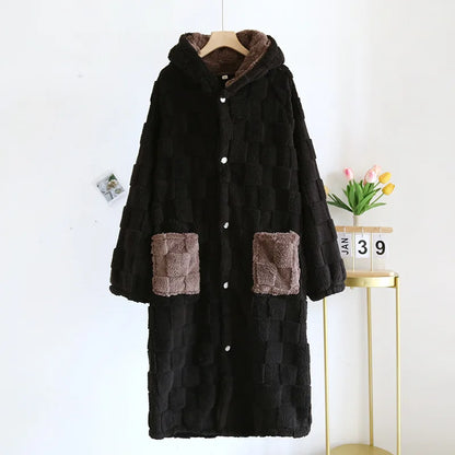 Winter Hoodied Couples Sleeping Robe - Flannel Thicke Home Robe