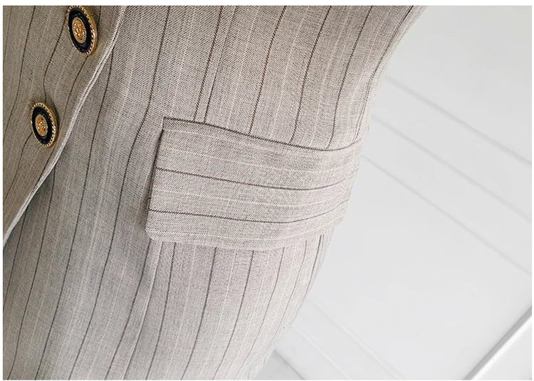Women’s Khaki Striped Slim-Fit Suit – Tailored Blazer with Foldable Cuffs